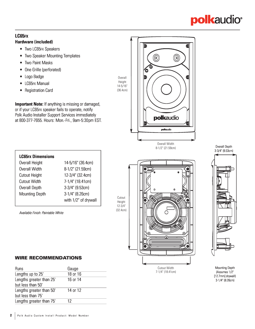 Polk Audio LC80fx dimensions Hardware included, LC65FX Dimensions, Wire Recommendations 