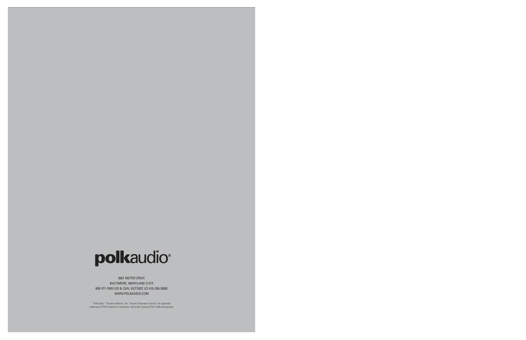 Polk Audio LC265i-IP, LC80i-IP owner manual Metro Drive BALTIMORE, Maryland 