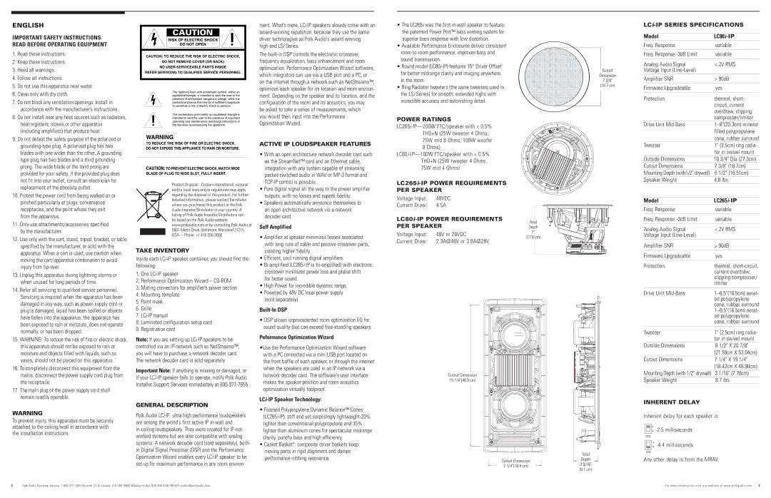 Polk Audio LC80i-IP Take Inventory, General Description, Active IP Loudspeaker Features, Power Ratings, PER Speaker 