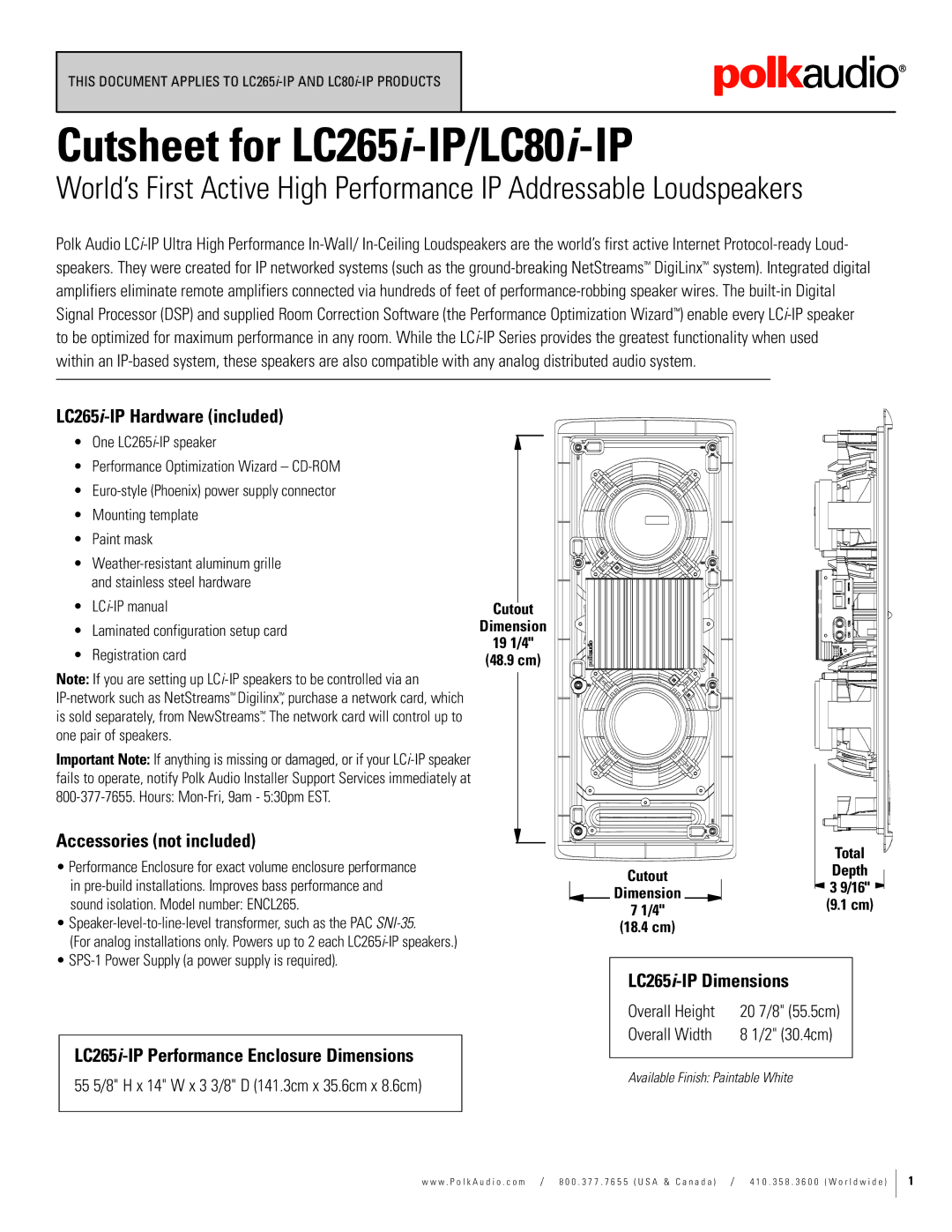 Polk Audio dimensions LC265i-IP Hardware included, Accessories not included, LC265i-IP Performance Enclosure Dimensions 