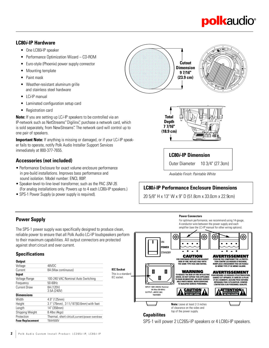 Polk Audio LC265i-IP LC80i-IP Hardware, LC80i-IP Dimension, LC80i-IP Performance Enclosure Dimensions, Power Supply 