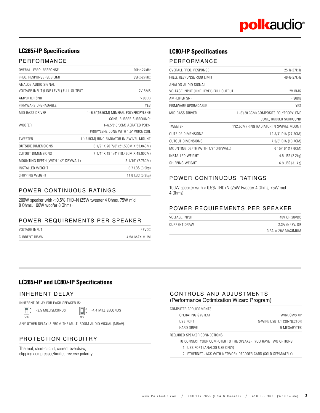 Polk Audio dimensions LC265i-IP Specifications, LC265i-IP and LC80i-IP Specifications 