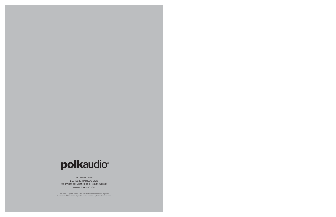 Polk Audio LC265i-IP, LC80i-IP owner manual Metro Drive Baltimore, Maryland 