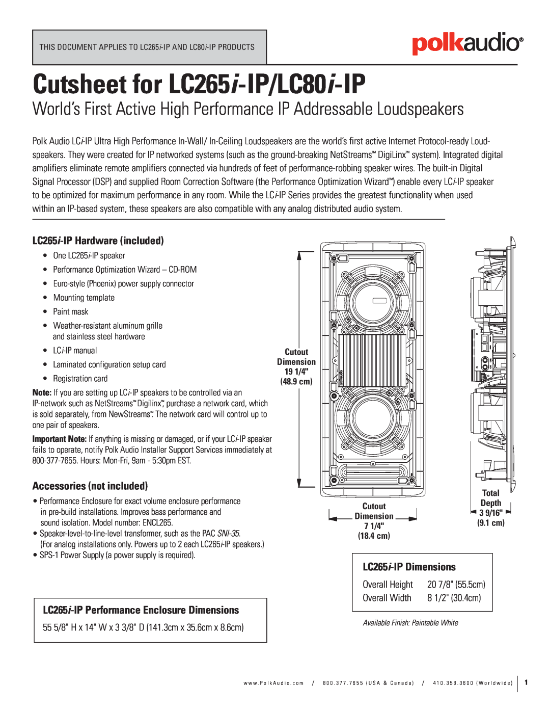 Polk Audio owner manual LCi-IP, Series, LC80i-IP LC265i-IP, Active In-Wall/In-CeilingSpeakers 