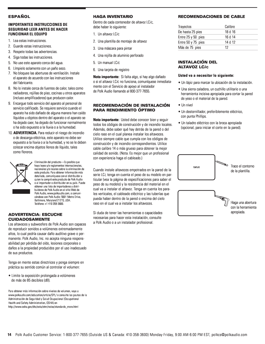 Polk Audio LCi-C owner manual Español, Advertencia Escuche Cuidadosamente, Haga Inventario, Recomendaciones De Cable 