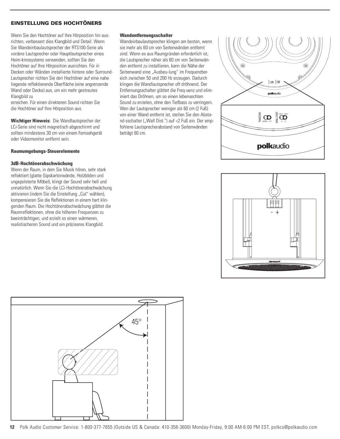 Polk Audio LCi-RTS100 owner manual Einstellung DES Hochtöners, Raumumgebungs-Steuerelemente Wandentfernungsschalter 