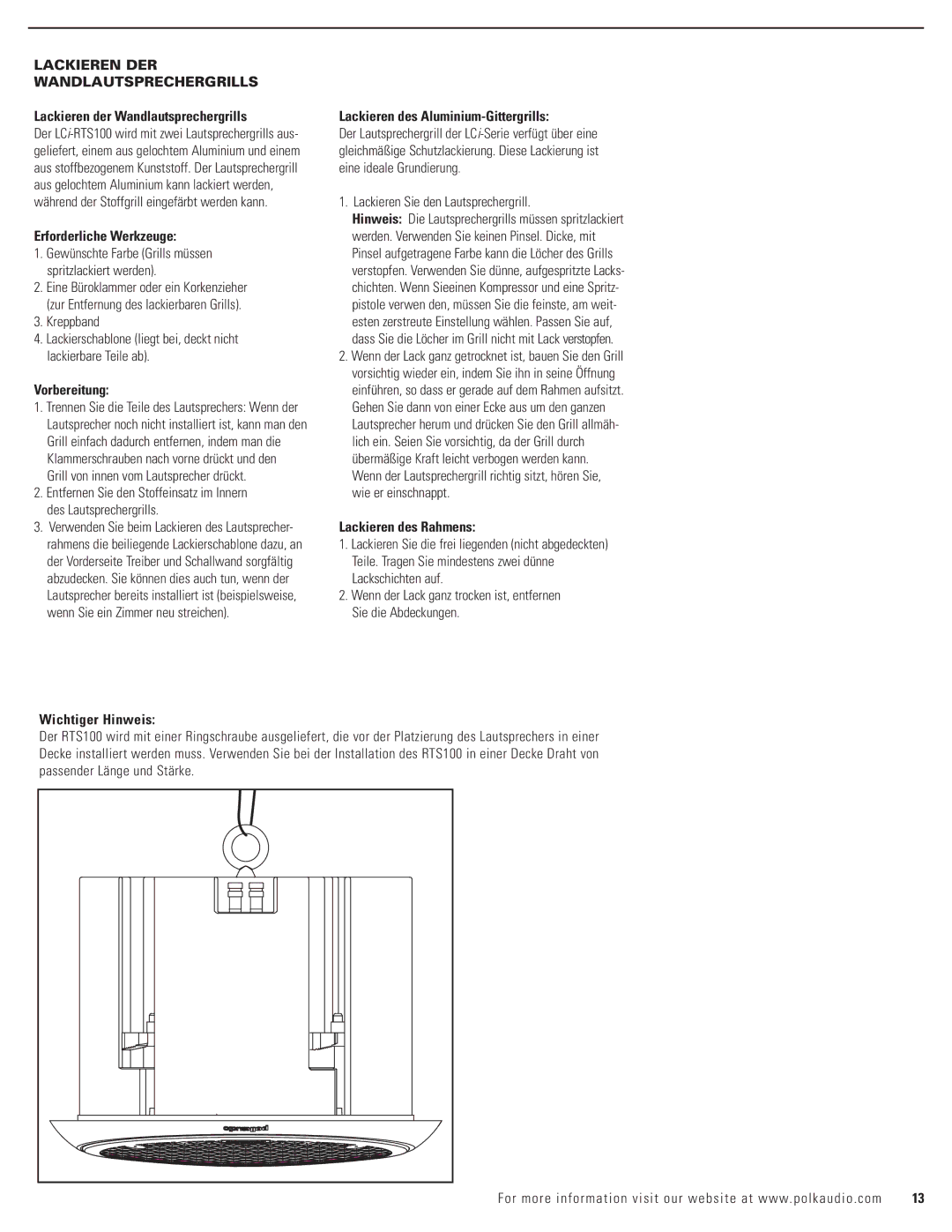 Polk Audio LCi-RTS100 owner manual Lackieren DER Wandlautsprechergrills 