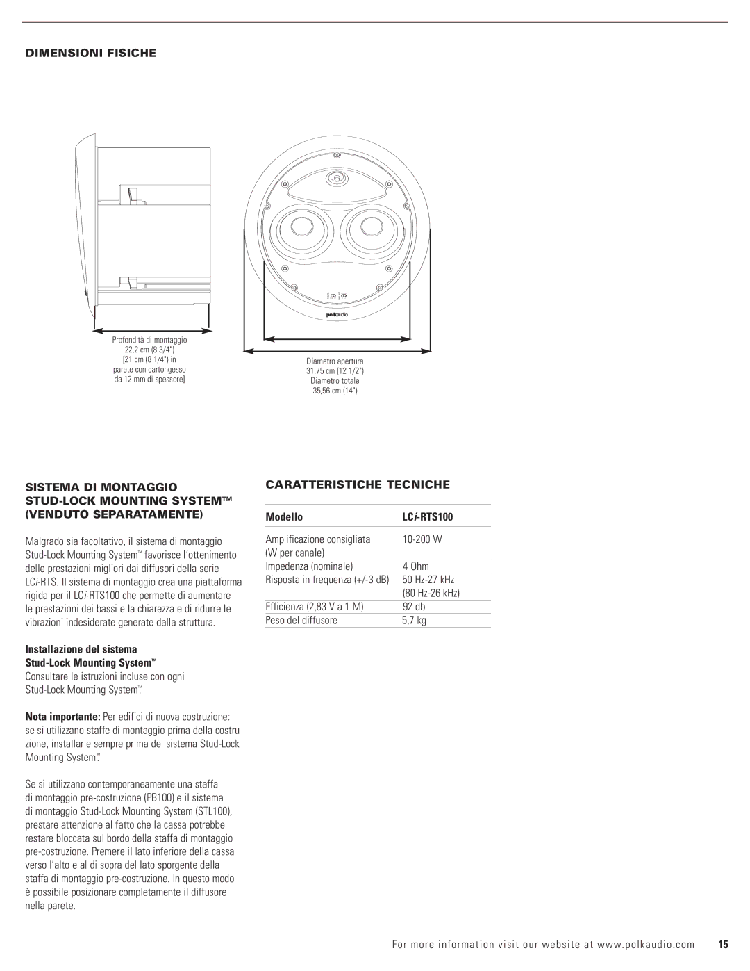 Polk Audio LCi-RTS100 Dimensioni Fisiche, Installazione del sistema Stud-Lock Mounting System, Caratteristiche Tecniche 