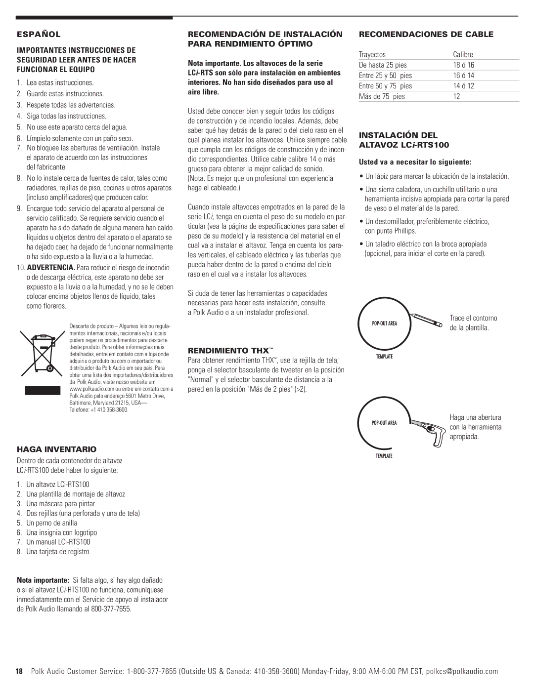 Polk Audio LCi-RTS100 owner manual Haga Inventario, Recomendación DE Instalación Para Rendimiento Óptimo, Rendimiento THX 