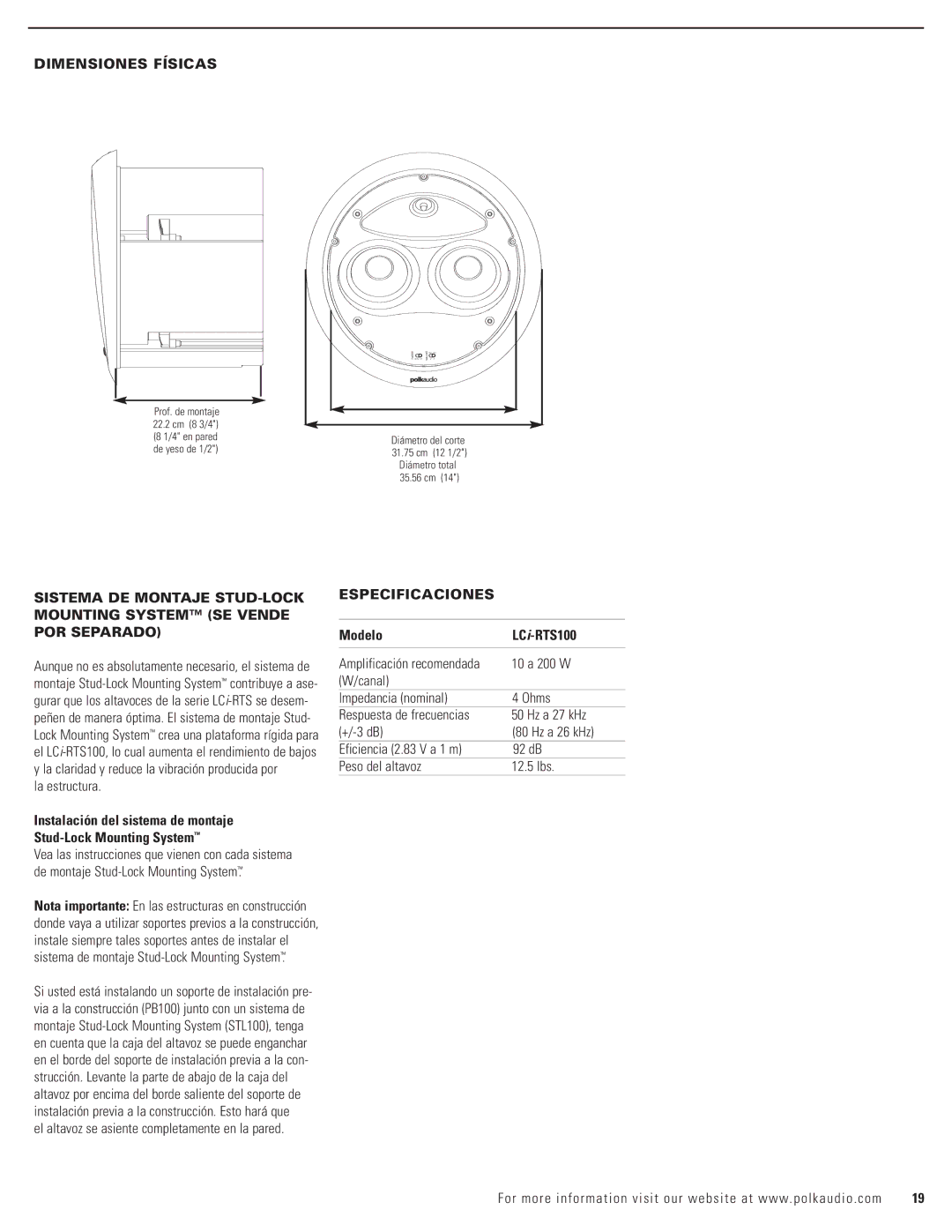 Polk Audio LCi-RTS100 owner manual Dimensiones Físicas, La estructura, Especificaciones, 10 a 200 W 