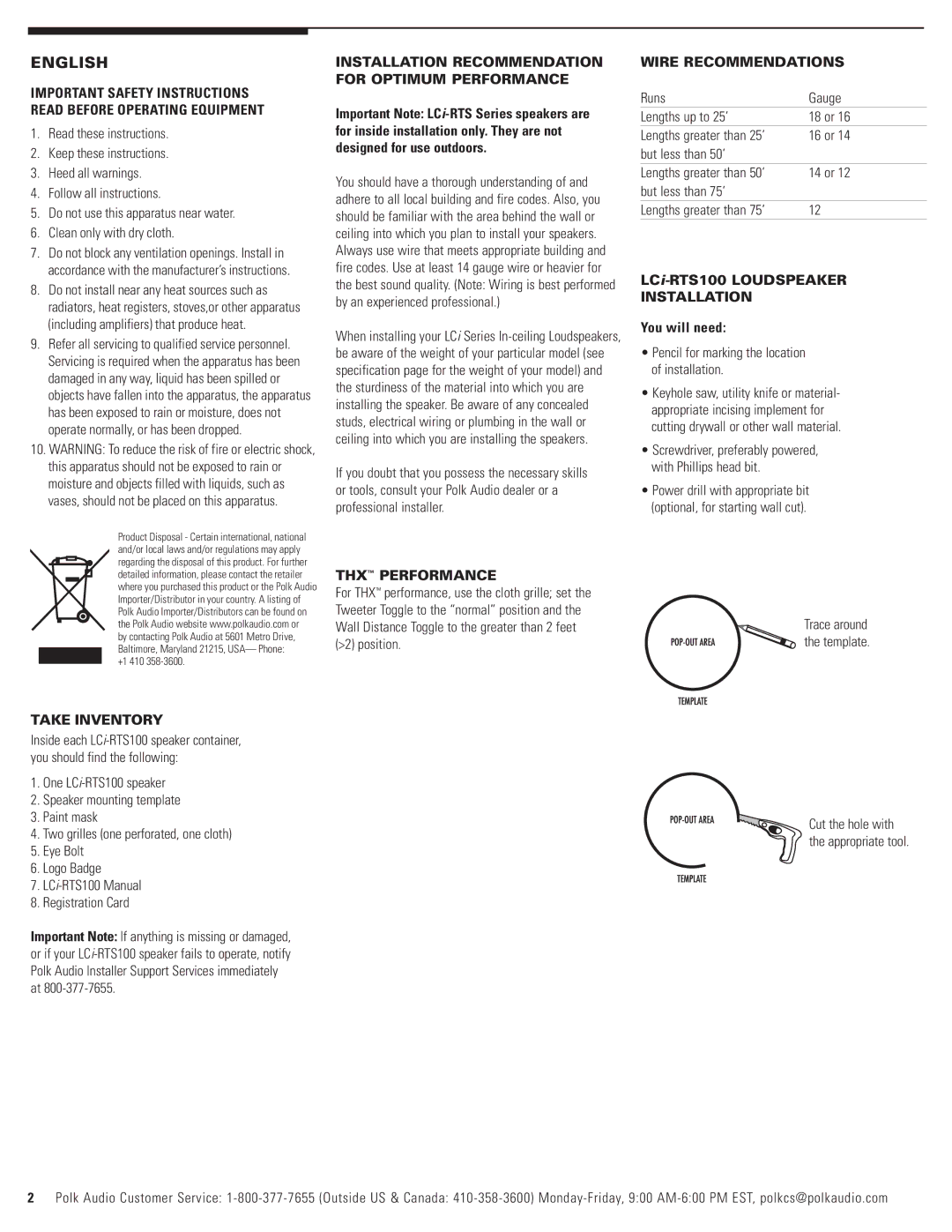 Polk Audio LCi-RTS100 owner manual Take Inventory, Installation Recommendation for Optimum Performance, THX Performance 