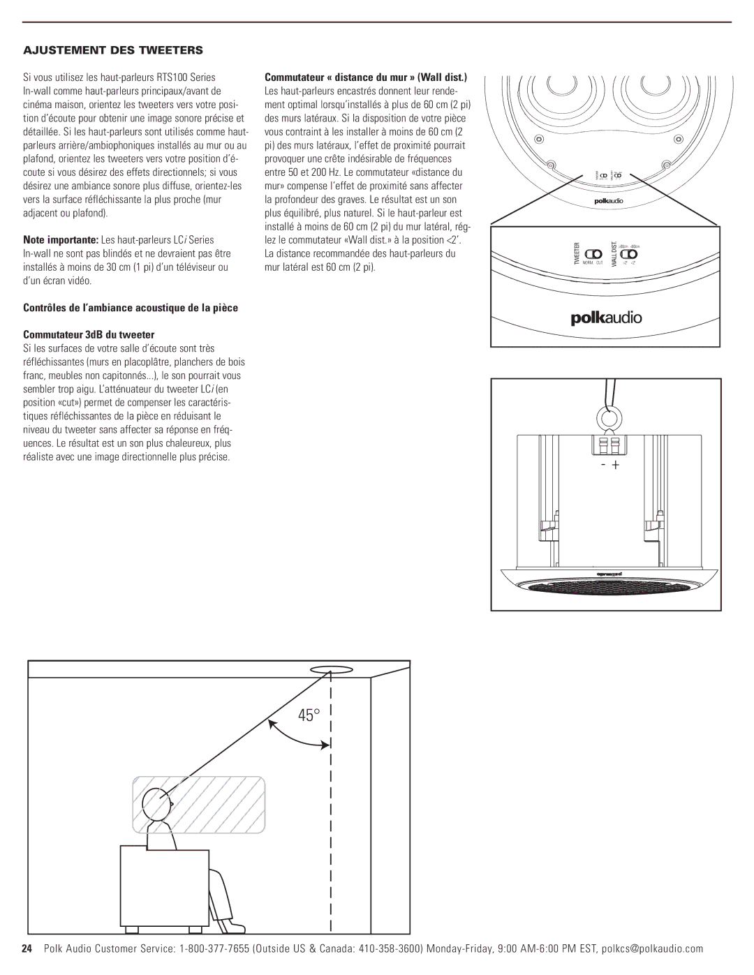 Polk Audio LCi-RTS100 owner manual Ajustement DES Tweeters, Commutateur 3dB du tweeter 