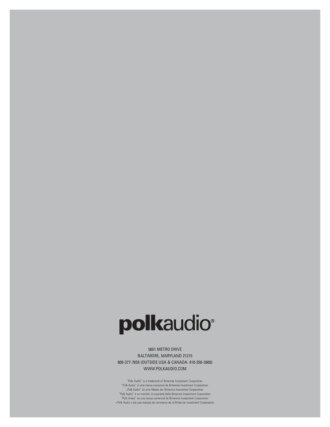 Polk Audio LCi-RTS100 owner manual Metro Drive BALTIMORE, Maryland 