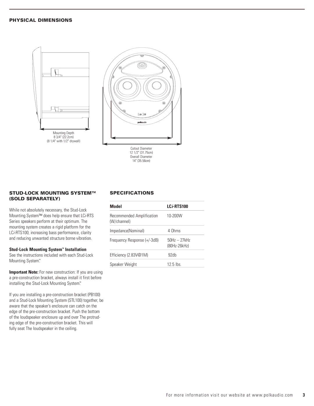 Polk Audio owner manual Physical Dimensions, STUD-LOCK Mounting System Sold Separately, Specifications, Model LCi-RTS100 