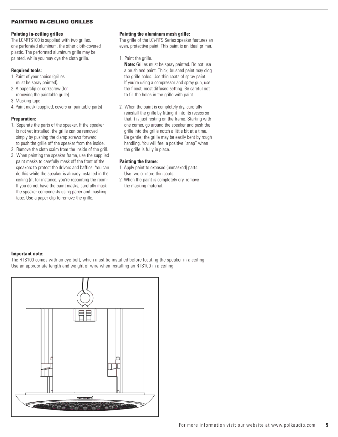 Polk Audio LCi-RTS100 owner manual Painting IN-CEILING Grilles 