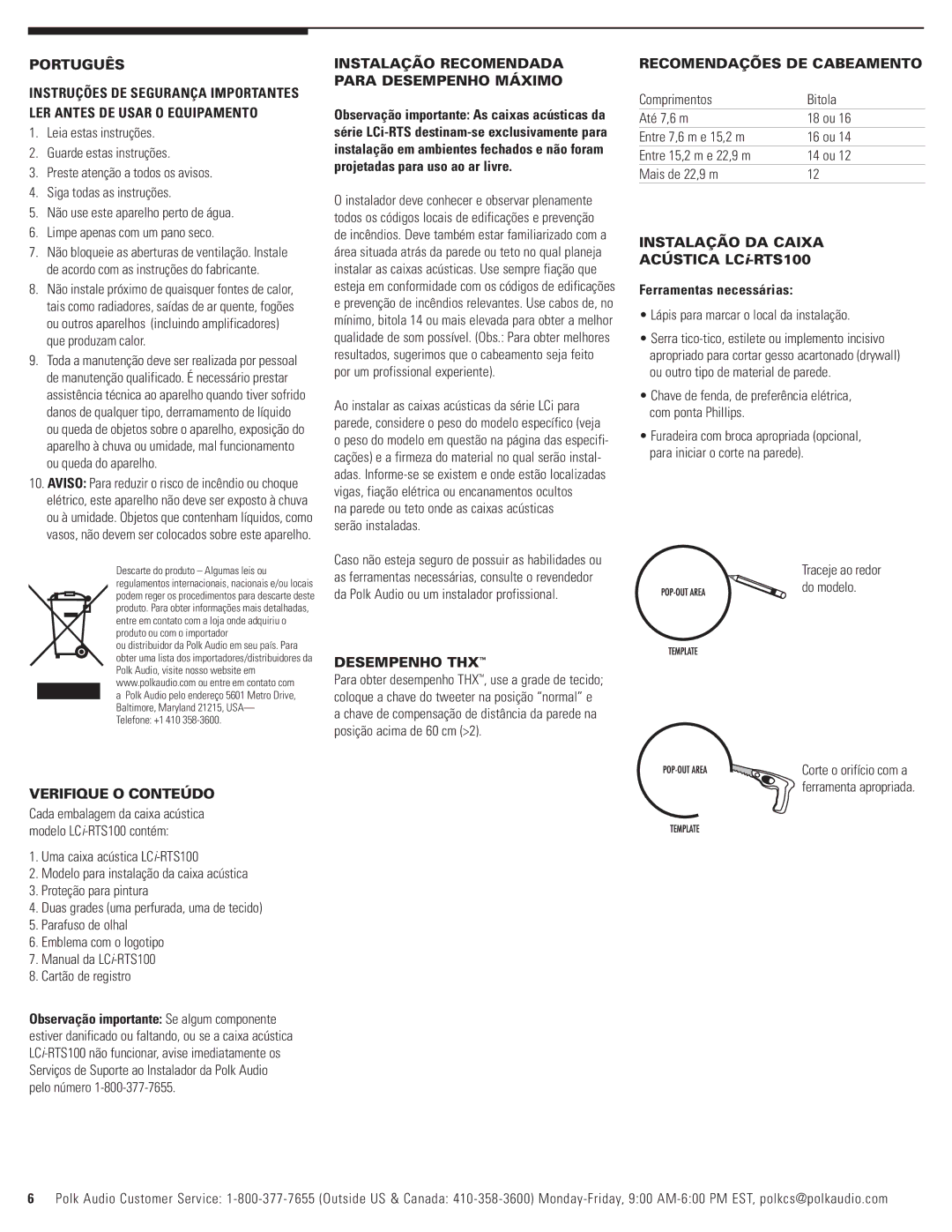 Polk Audio LCi-RTS100 Português, Verifique O Conteúdo, Instalação Recomendada Para Desempenho Máximo, Desempenho THX 