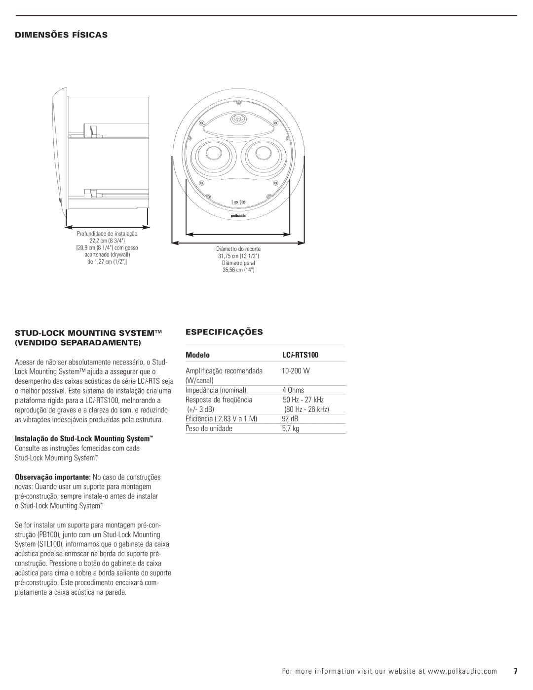 Polk Audio LCi-RTS100 owner manual Dimensões Físicas, STUD-LOCK Mounting System Vendido Separadamente, Especificações 