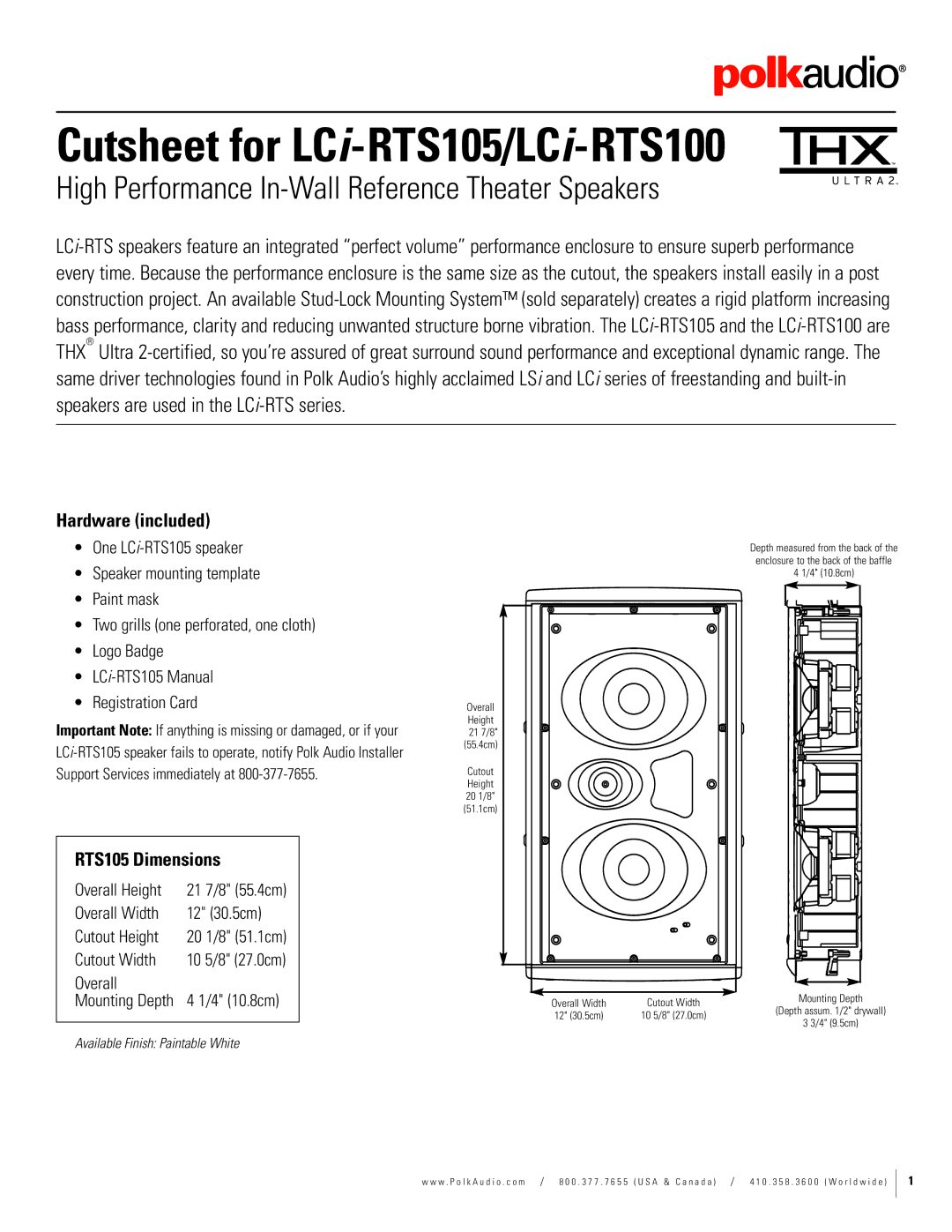 Polk Audio LCi-RTS105 dimensions Hardware included, RTS105 Dimensions, Mounting Depth 