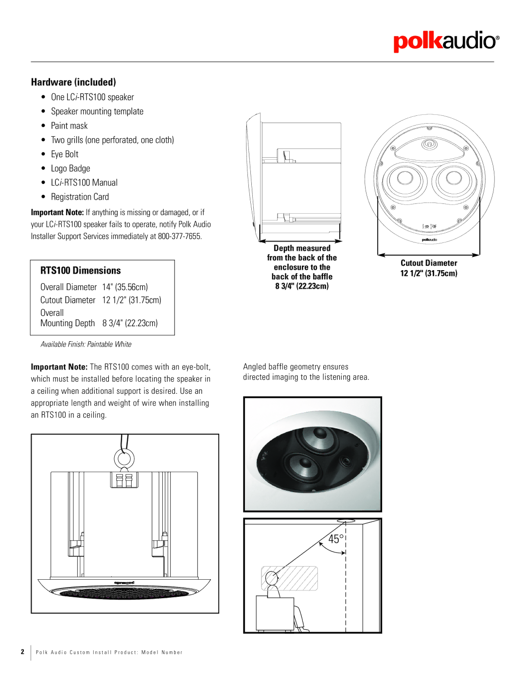 Polk Audio LCi-RTS105 dimensions RTS100 Dimensions, Depth measured From the back 