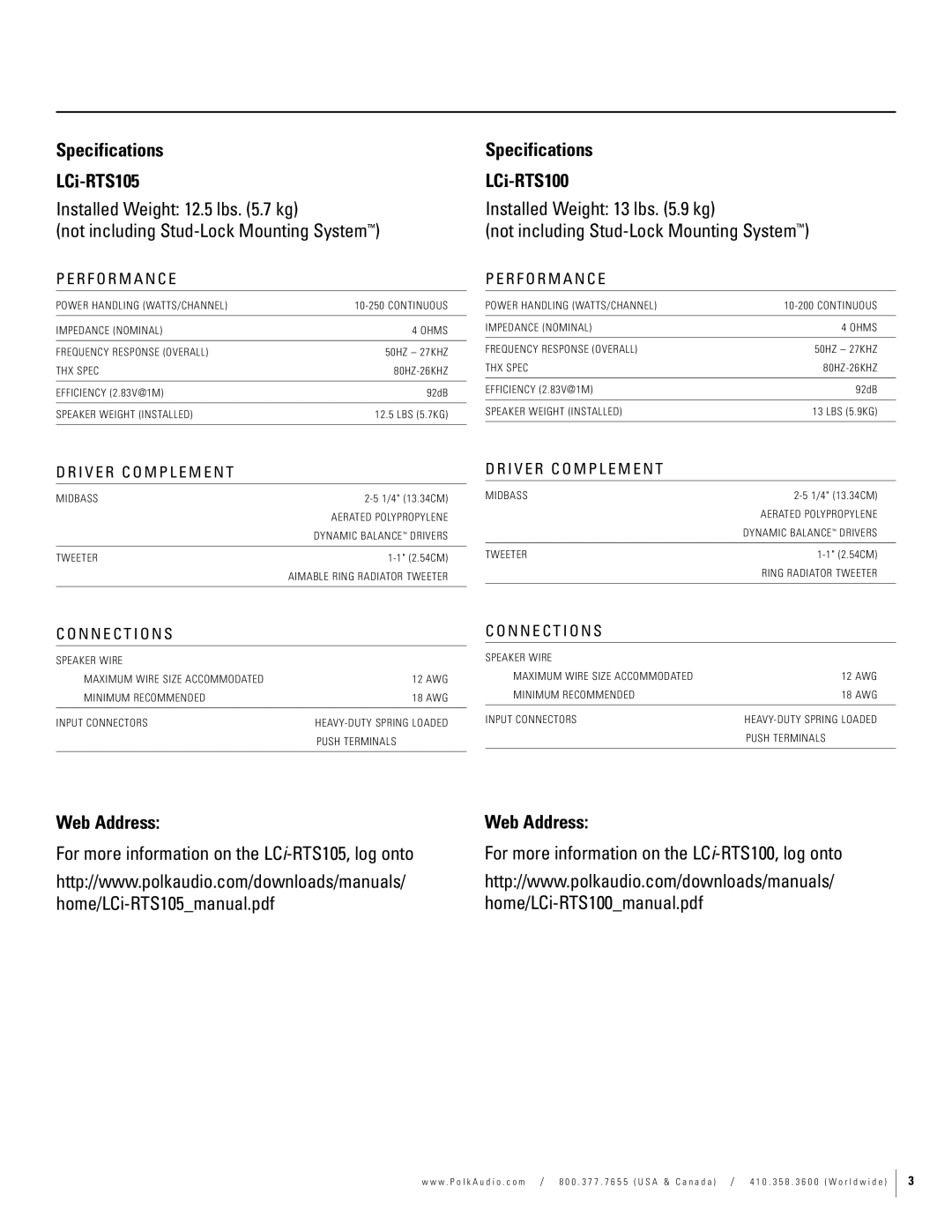 Polk Audio dimensions Specifications LCi-RTS105, Specifications LCi-RTS100, Web Address 