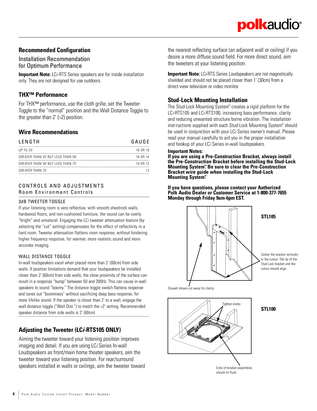 Polk Audio LCi-RTS105 Recommended Configuration, THX Performance, Wire Recommendations, Stud-Lock Mounting Installation 