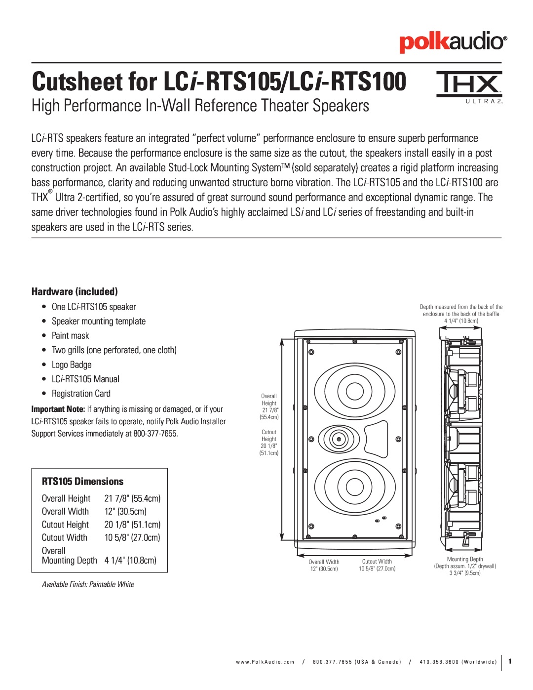 Polk Audio dimensions Hardware included, RTS105 Dimensions, Cutsheet for LCi-RTS105/LCi-RTS100 