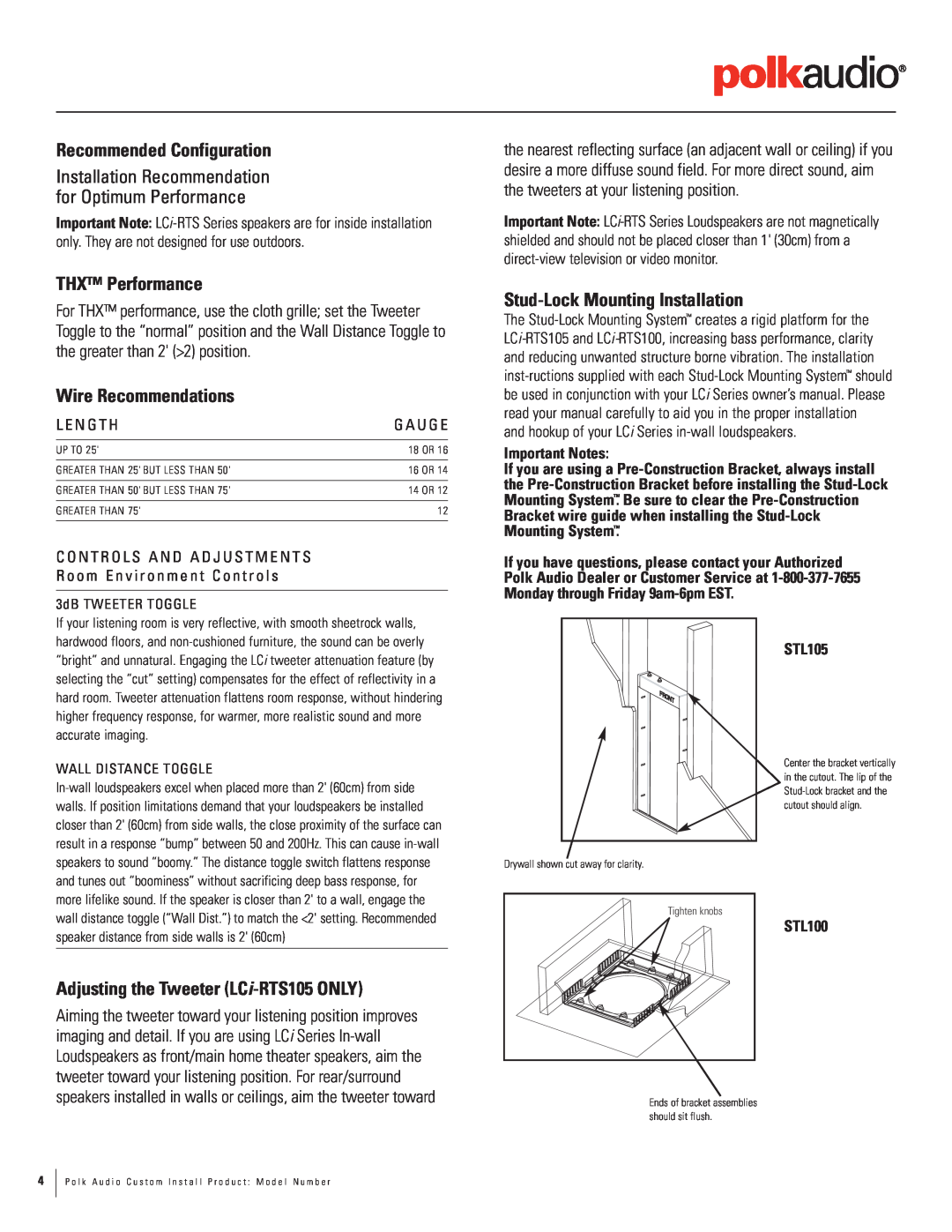 Polk Audio LCi-RTS105 Recommended Configuration, THX Performance, Wire Recommendations, Stud-LockMounting Installation 