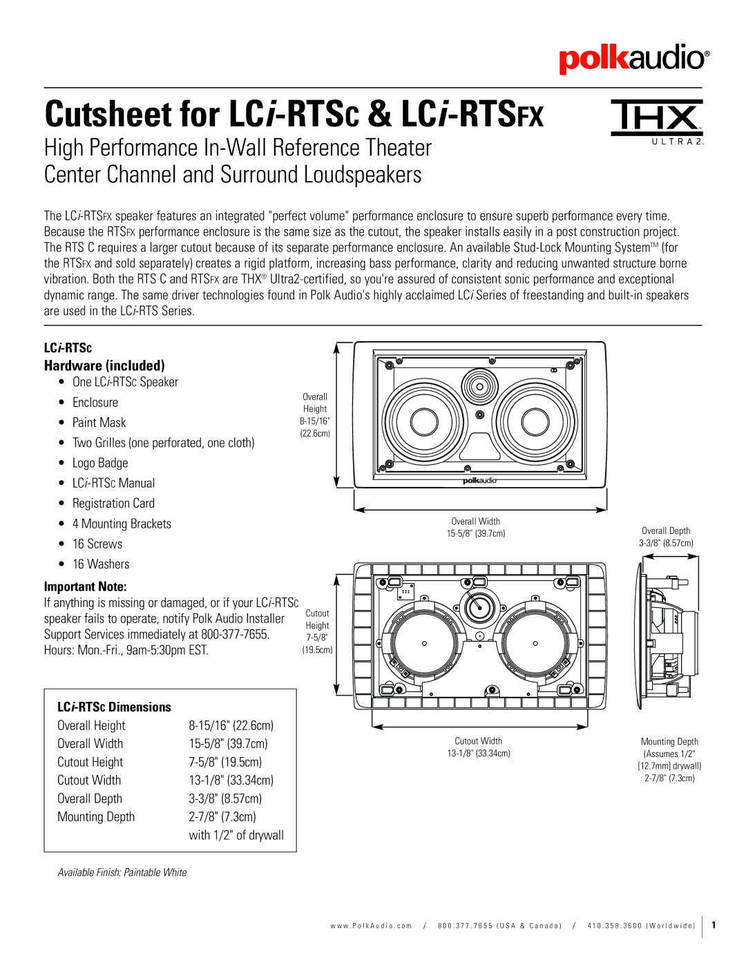 Polk Audio LCI-RTSC, LCI-RTSFX dimensions LCi-RTSC, Important Note 