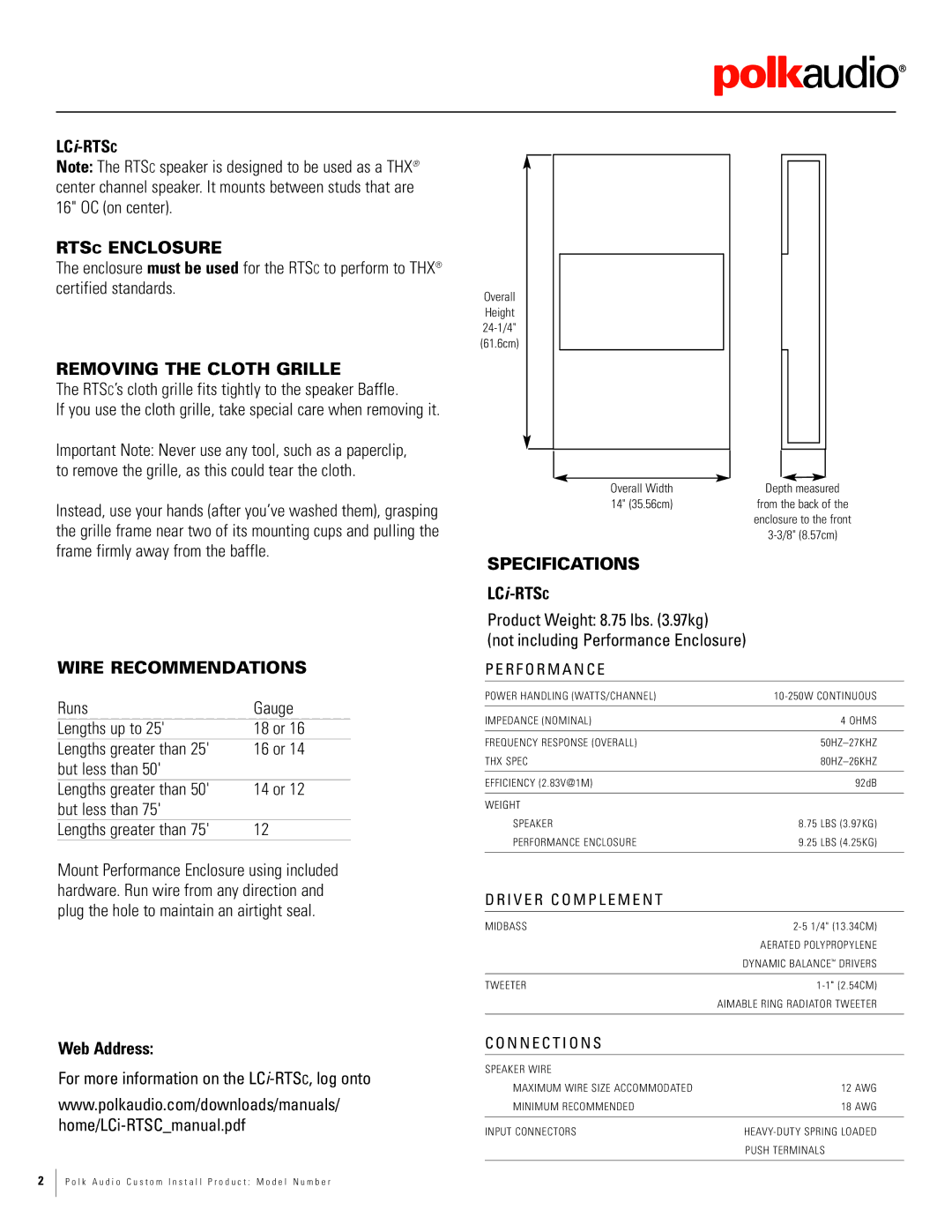 Polk Audio LCI-RTSFX Rtsc Enclosure, Removing the Cloth Grille, Wire Recommendations, Specifications, Web Address 