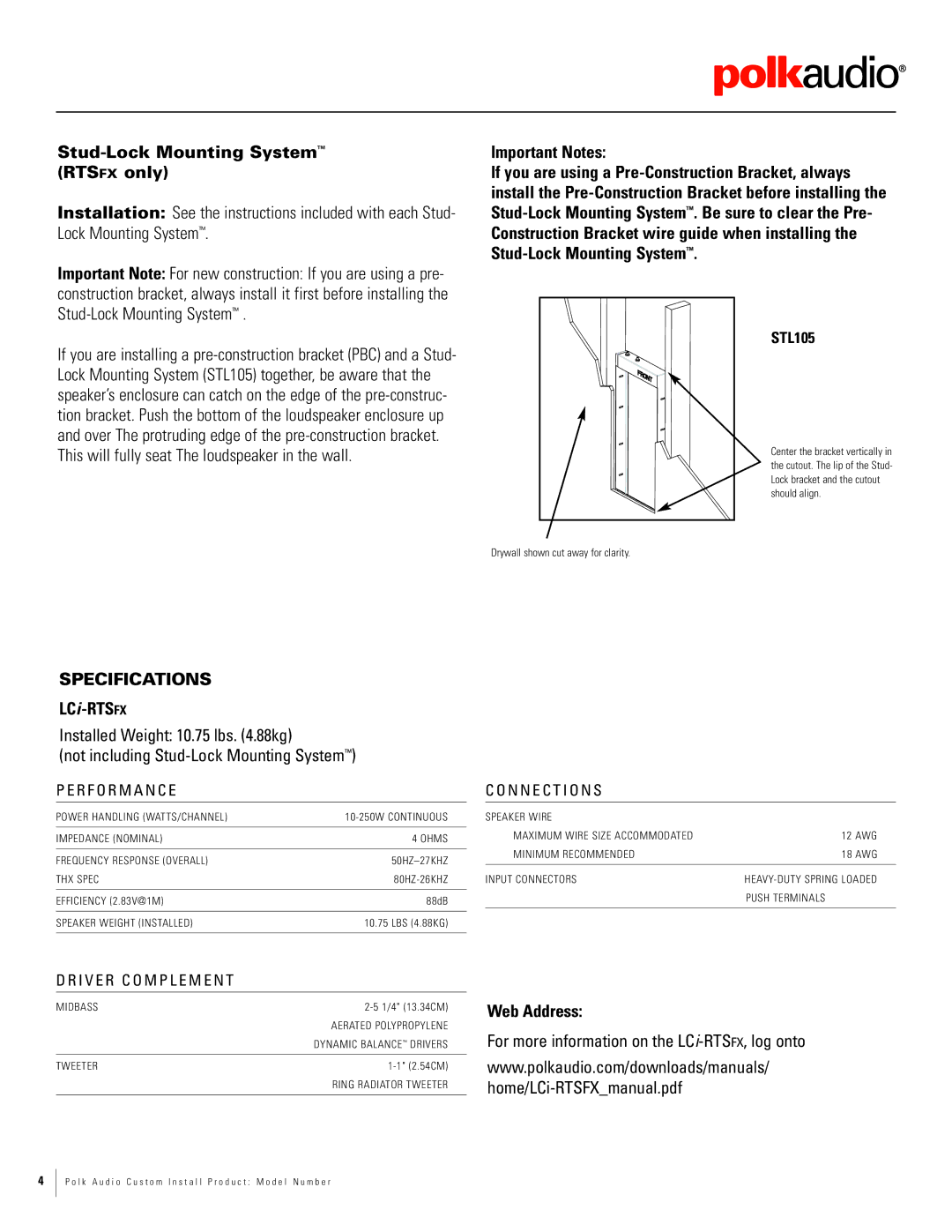 Polk Audio LCI-RTSFX, LCI-RTSC dimensions Stud-Lock Mounting System Rtsfx only, LCi-RTSFX, Important Notes 