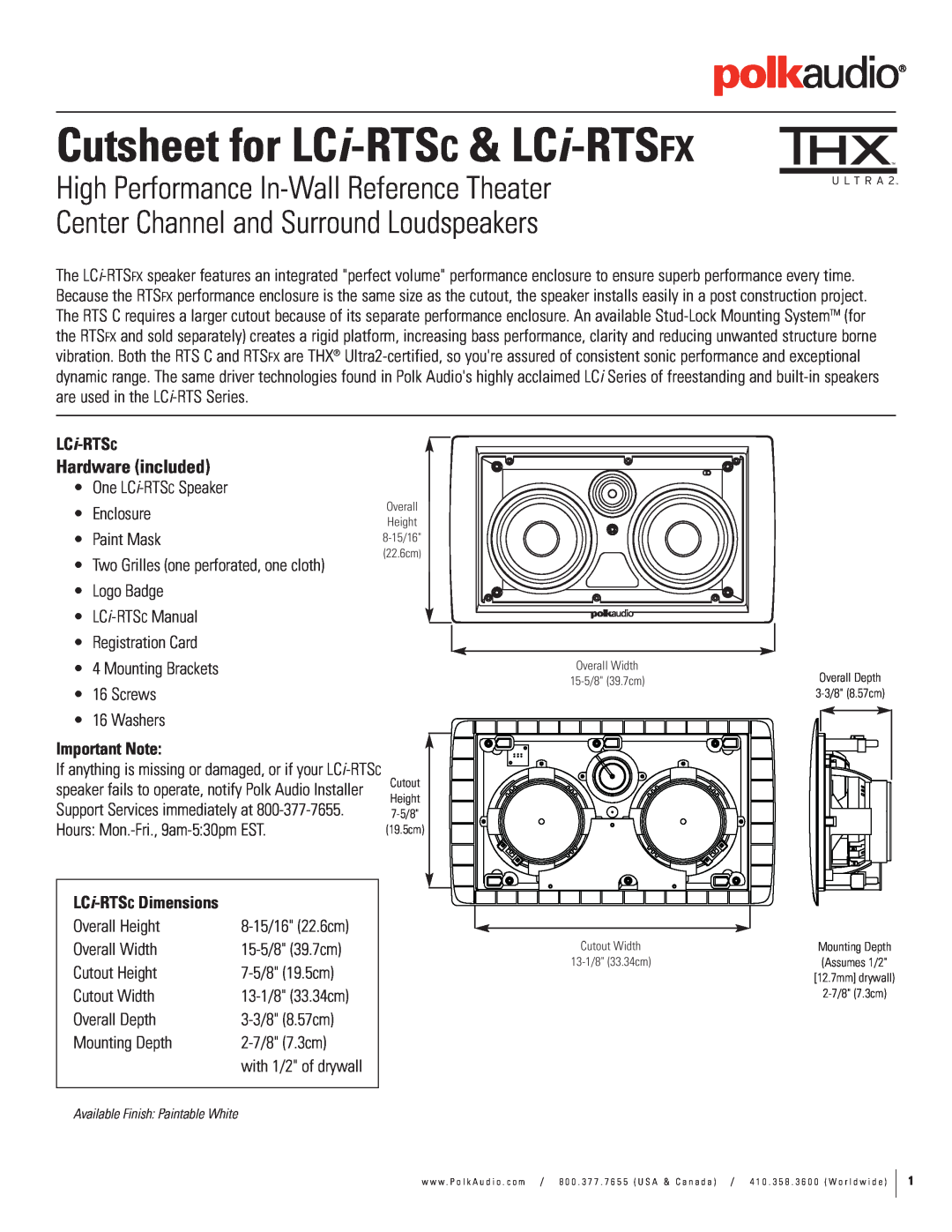 Polk Audio LCI-RTSC, LCI-RTSFX dimensions Important Note, Cutsheet for LCi-RTSC & LCi-RTSFX, Hardware included 