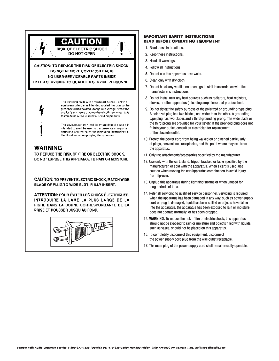 Polk Audio LSi25 owner manual Important Safety Instructions, Read Before Operating Equipment 