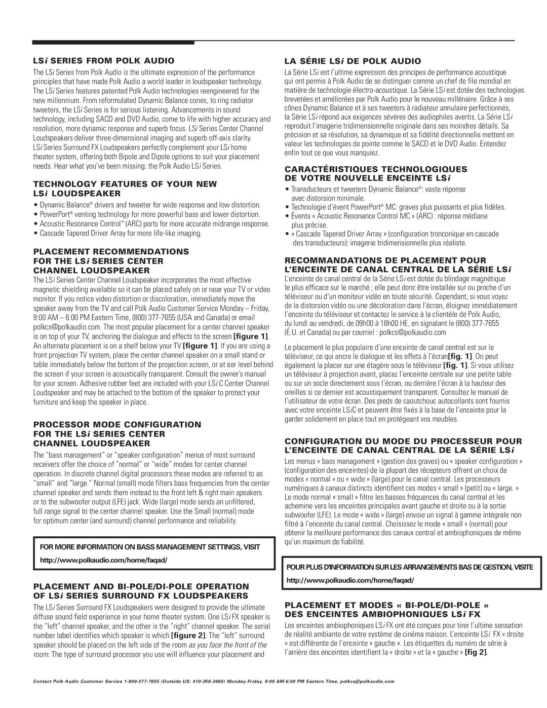 Polk Audio LSiFX owner manual Placement Recommendations, Channel Loudspeaker Processor Mode Configuration 