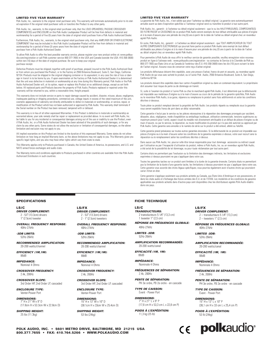 Polk Audio LSiFX owner manual Specifications 