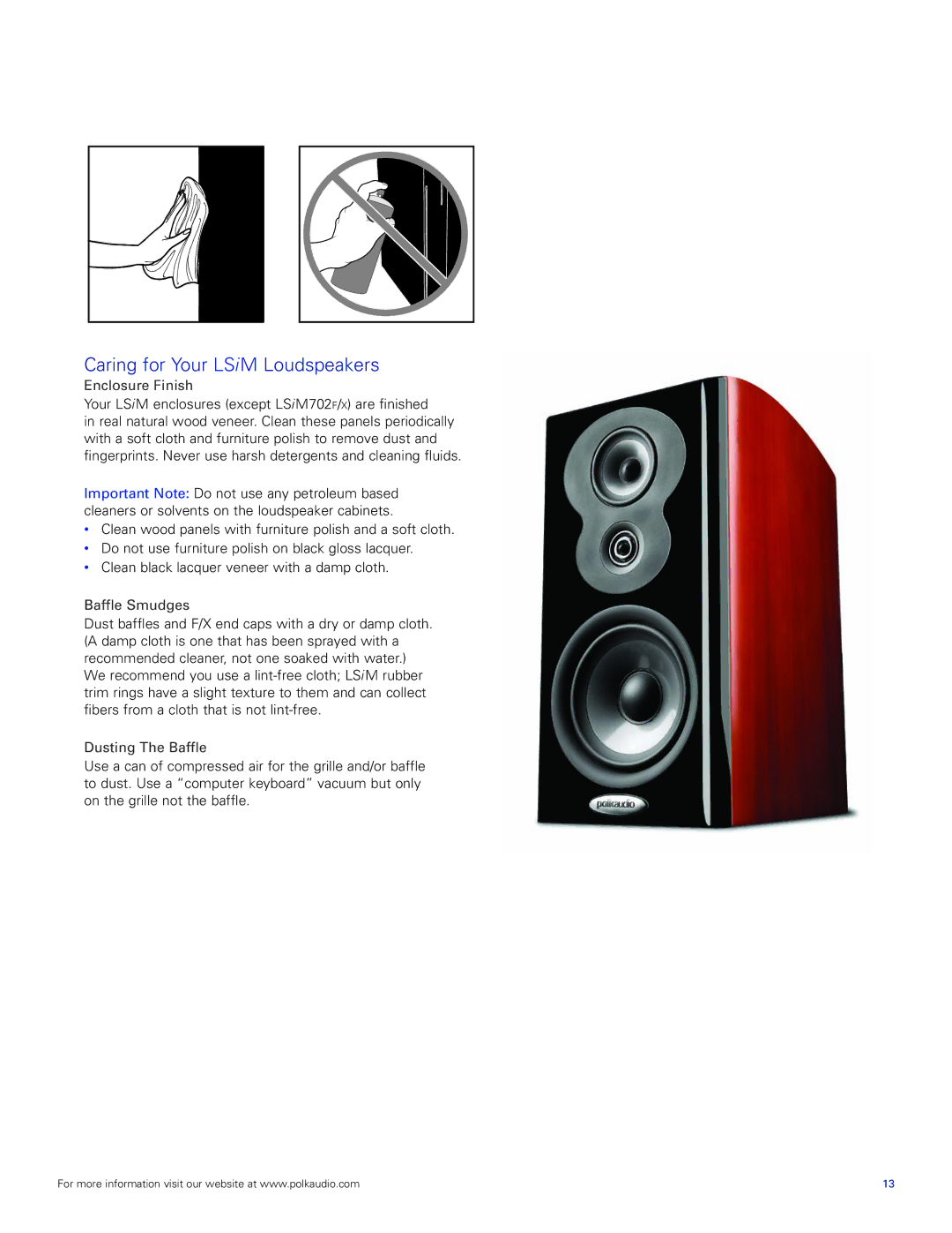 Polk Audio manual Caring for Your LSiM Loudspeakers, Enclosure Finish, Baffle Smudges, Dusting The Baffle 