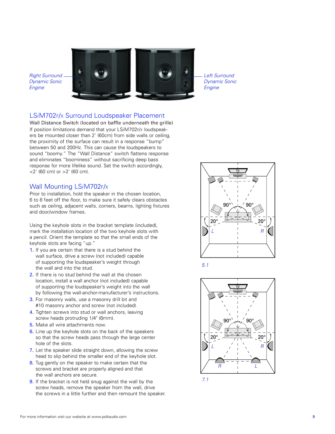 Polk Audio manual LSiM702f/x Surround Loudspeaker Placement, Wall Mounting LSiM702f/x 