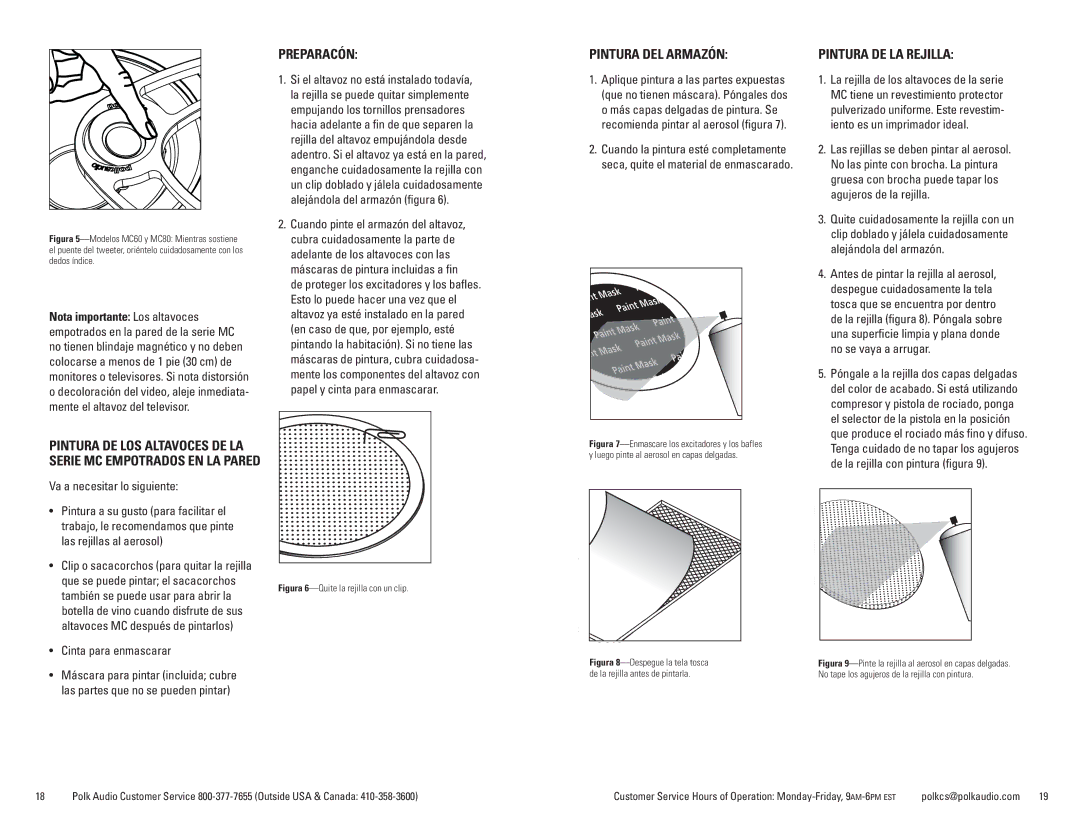 Polk Audio MC65, MC60, MC80, MC85 owner manual Preparacón, Pintura DEL Armazón, Pintura DE LA Rejilla 