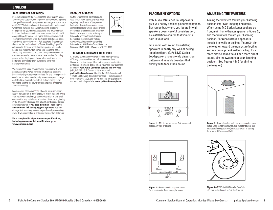 Polk Audio MC65, MC60, MC80, MC85 owner manual Placement Options, Adjusting the Tweeters, Polk Audio MC Series Loudspeakers 