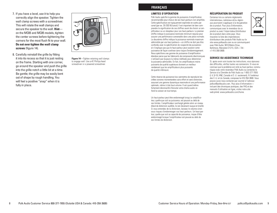 Polk Audio MC80, MC60, MC65 Do not over tighten the wall clamp screws figure, Carefully reinstall the grille by fitting 