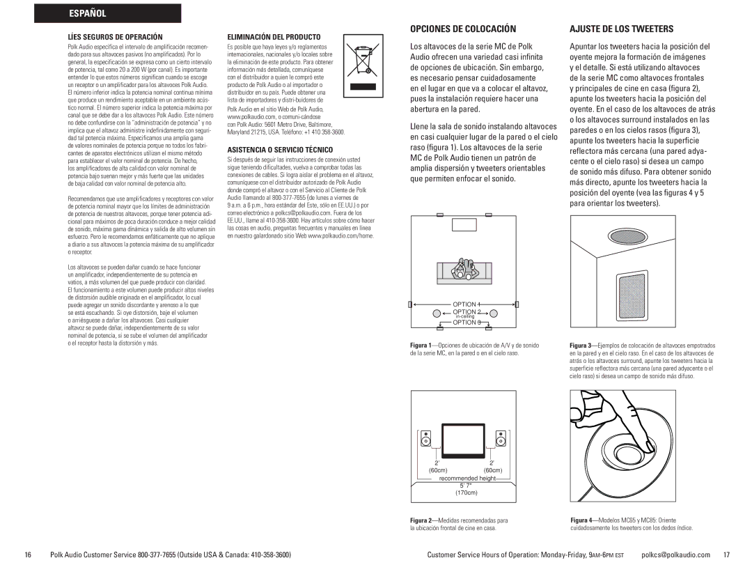 Polk Audio MC80, MC60 Opciones DE Colocación, Ajuste DE LOS Tweeters, Líes Seguros DE Operación, Eliminación DEL Producto 