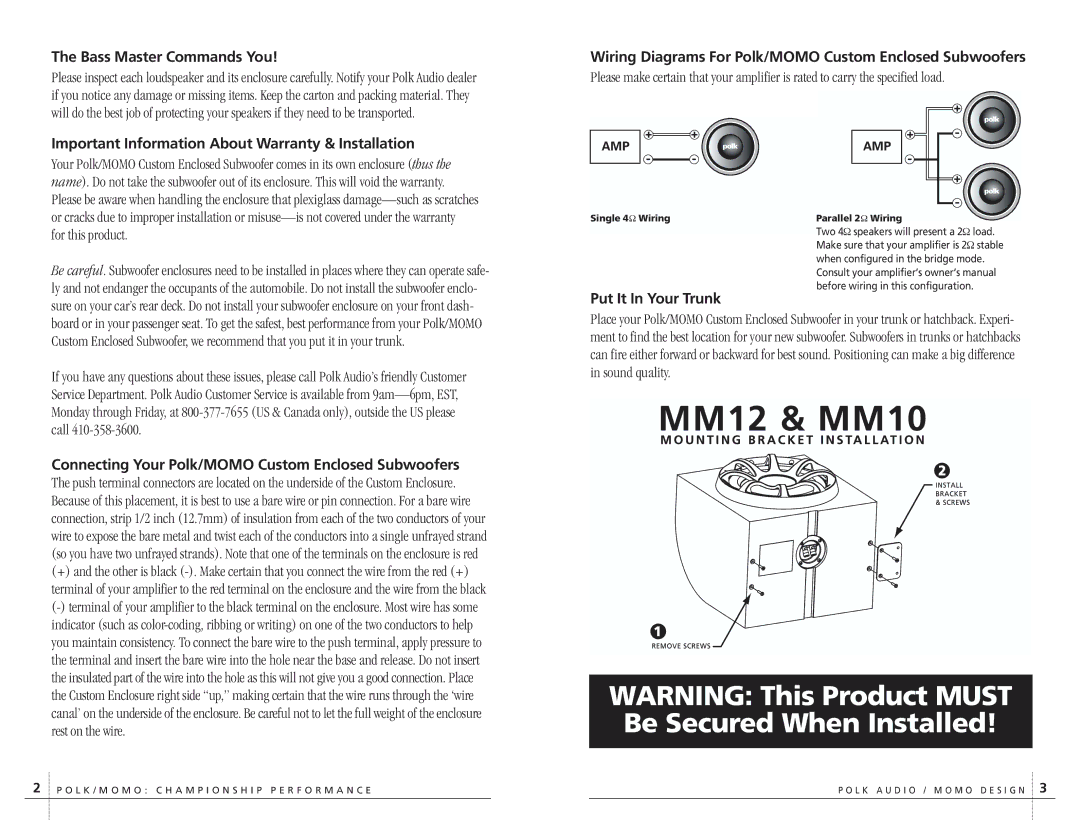 Polk Audio MM12 Bass Master Commands You, Wiring Diagrams For Polk/MOMO Custom Enclosed Subwoofers, Put It In Your Trunk 