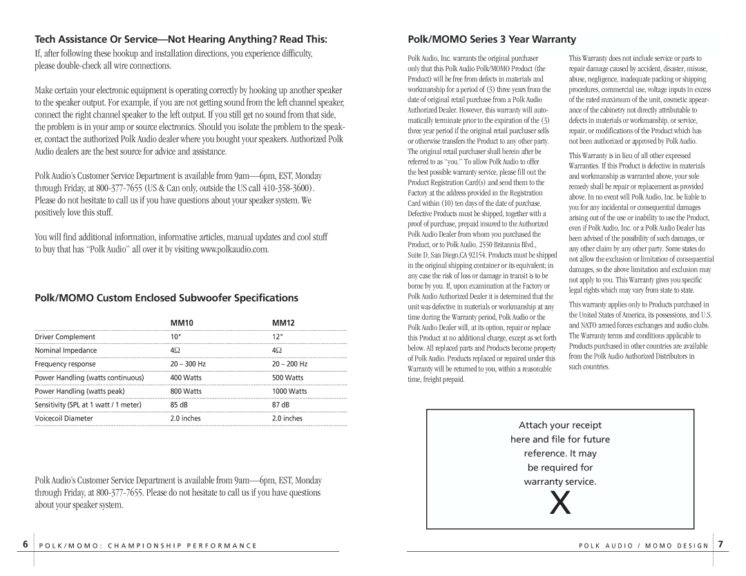 Polk Audio owner manual Polk/MOMO Custom Enclosed Subwoofer Specifications, MM10 MM12 