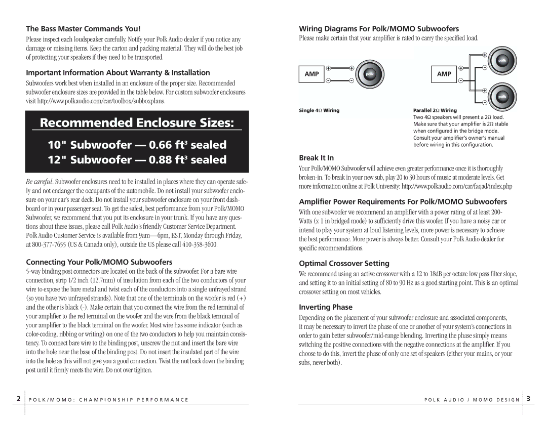 Polk Audio MM124 Bass Master Commands You, Wiring Diagrams For Polk/MOMO Subwoofers, Connecting Your Polk/MOMO Subwoofers 