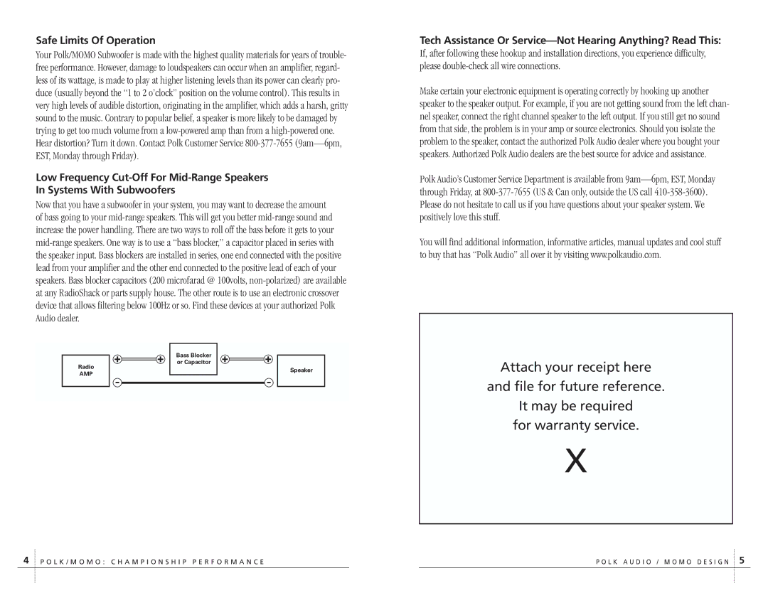 Polk Audio MM104, MM124 owner manual Safe Limits Of Operation 