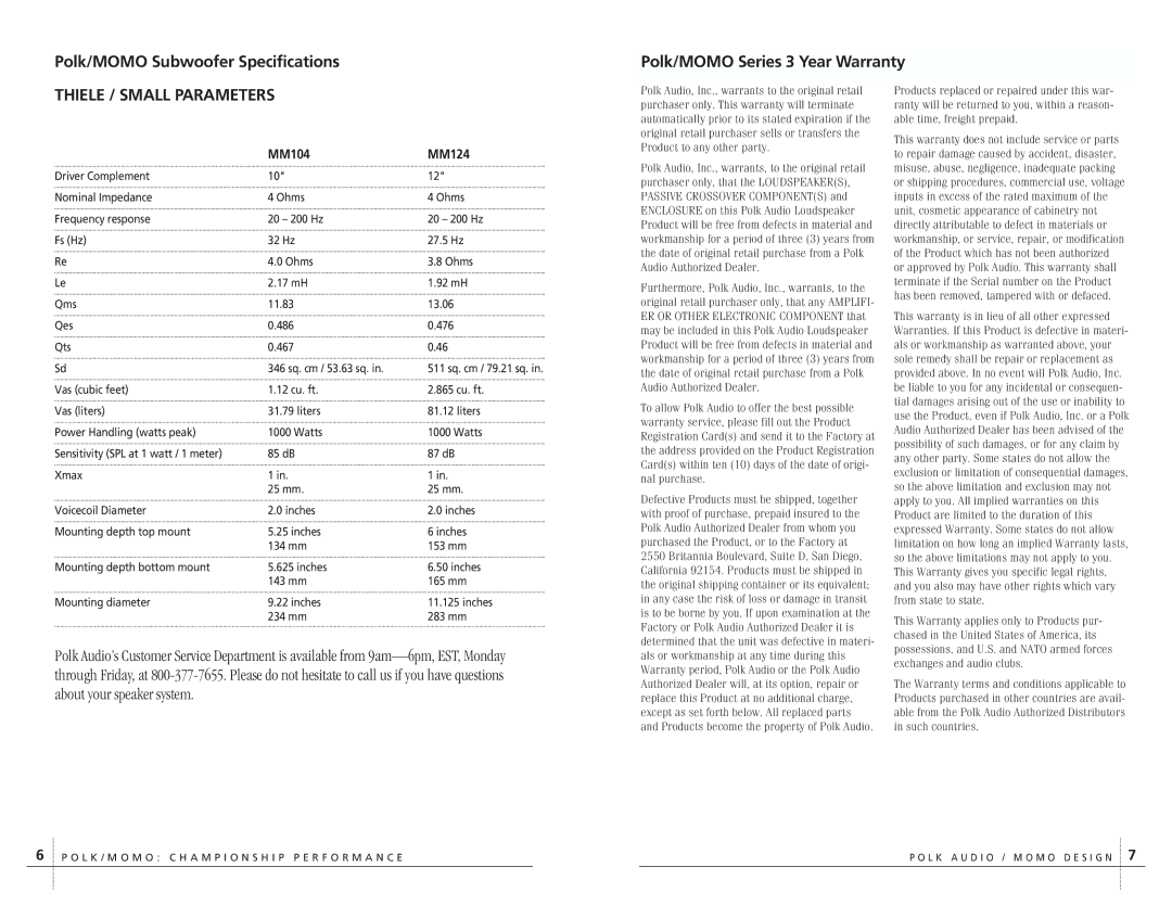Polk Audio MM124, MM104 owner manual Thiele / Small Parameters 