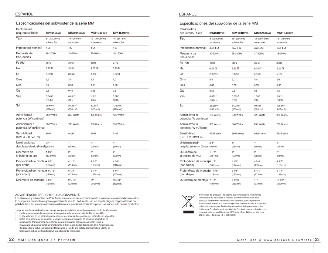 Polk Audio MM840, MM1240DVC Espanol, Especificaciones del subwoofer de la serie MM, Advertencia Escuche Cuidadosamente 