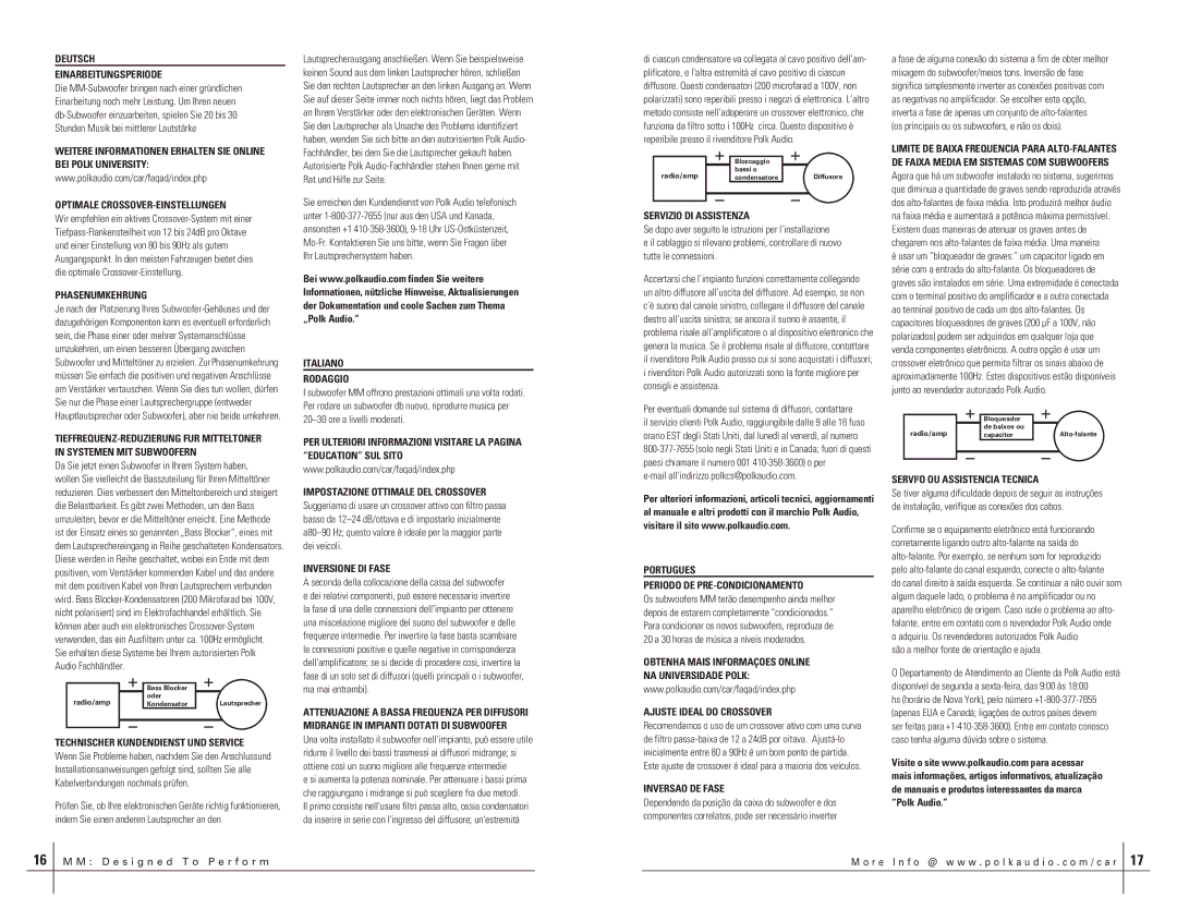 Polk Audio MM1540DVC Deutsch Einarbeitungsperiode, Phasenumkehrung, Technischer Kundendienst UND Service, Inversao DE Fase 