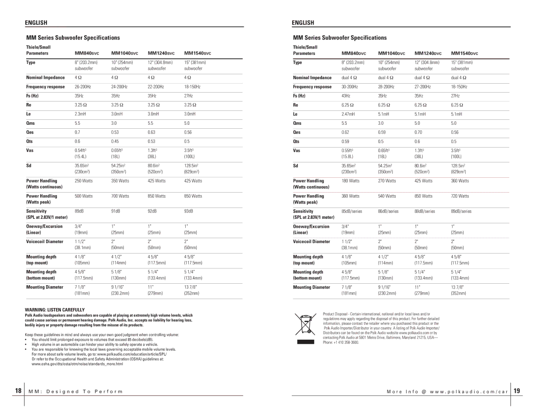 Polk Audio MM1040DVC, MM1240SVC, MM1240DVC, MM1540DVC, MM1040SVC, MM840svc manual English, MM Series Subwoofer Specifications 