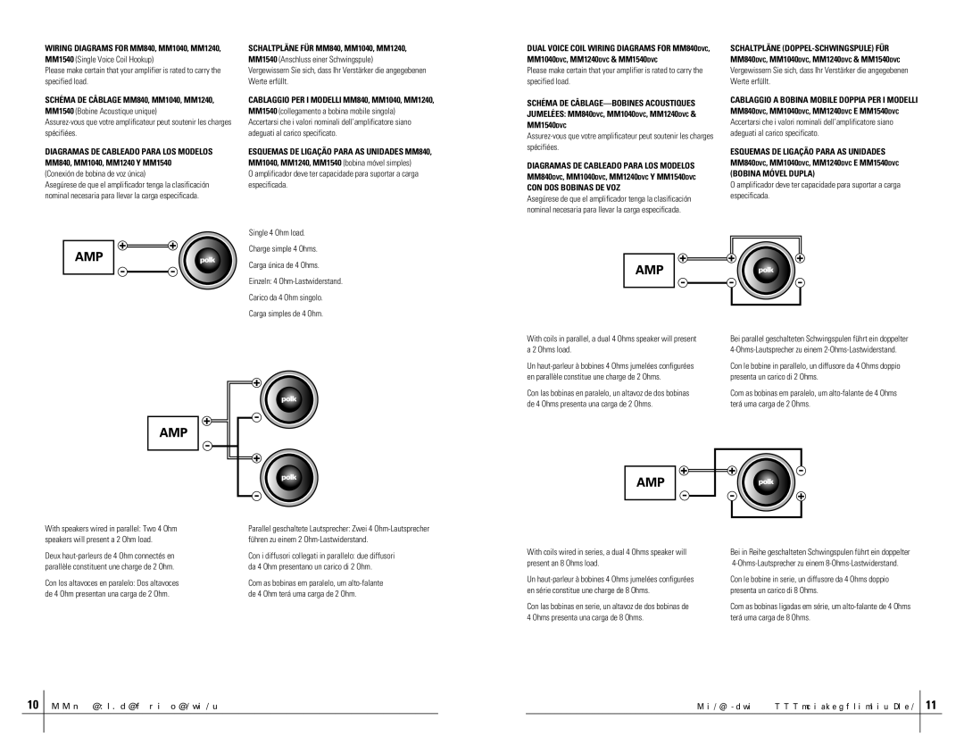 Polk Audio MM1240SVC, MM1240DVC manual Wiring Diagrams for MM840, MM1040, MM1240, Schéma DE Câblage MM840, MM1040, MM1240 