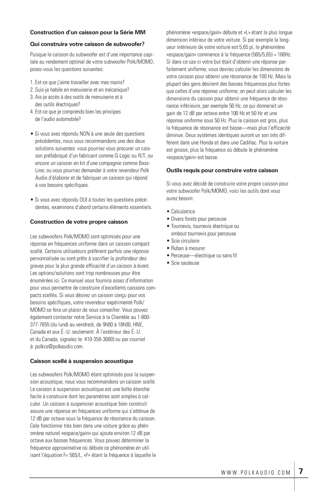 Polk Audio MM2084 Construction de votre propre caisson, Polkcs@polkaudio.com, Caisson scellé à suspension acoustique 